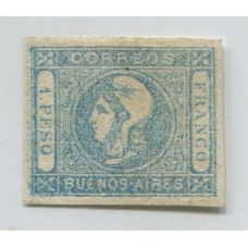 ARGENTINA 1859 GJ 17A ESTAMPILLA NUEVA COLOR AZUL LECHOSO, MUY RARA Y CON FIRMA DE DON VICTOR KNEITSCHEL COMO GARANTIA AL DORSO HERMOSO EJEMPLAR DE LUJO TOTAL U$ 275